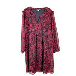 Beach Lunch Lounge Dress Size L High Waist V-Neck Long Sleeve Red Black Chiffon